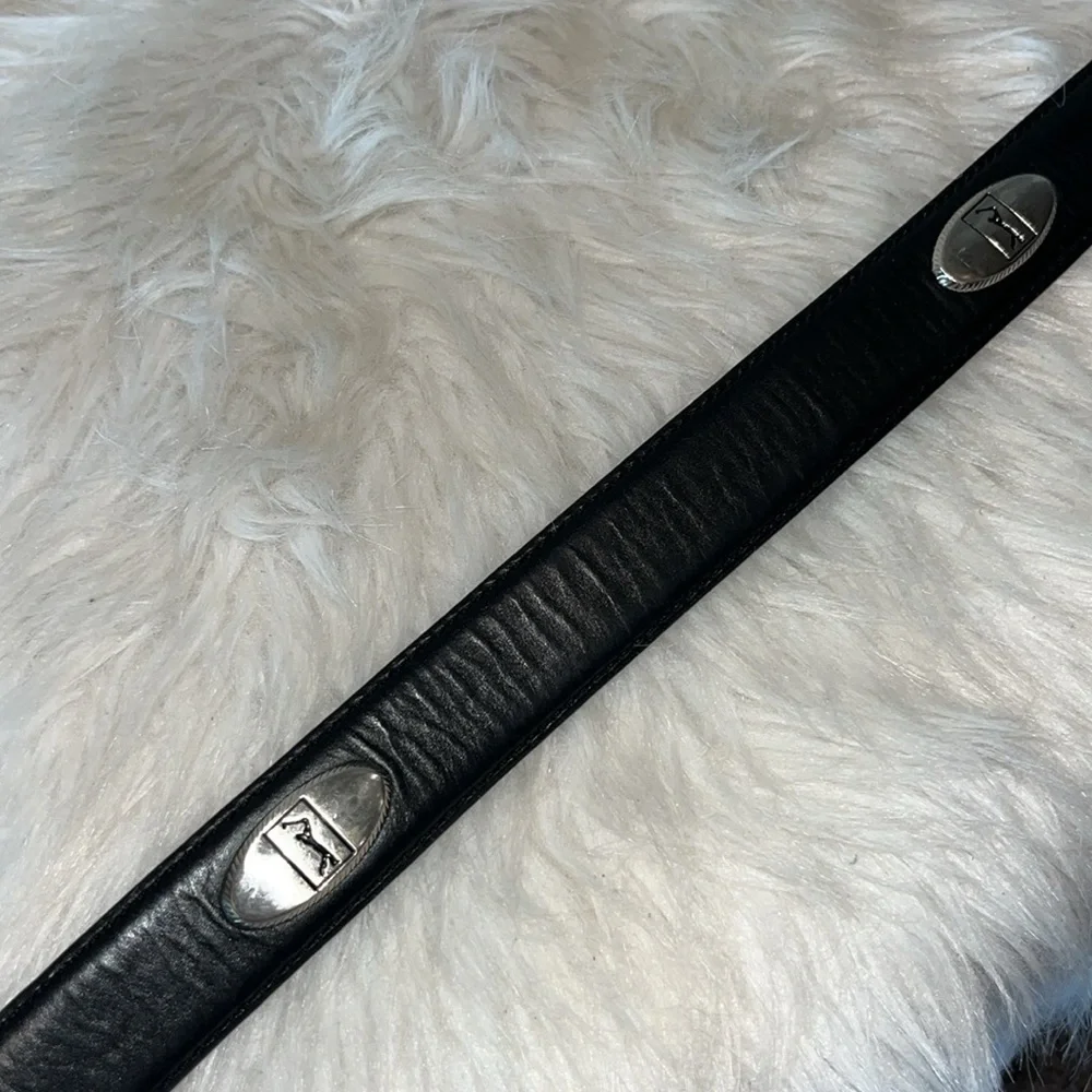 Black leather belt with silver tone golfer/golf conchos and metal tip est men XL